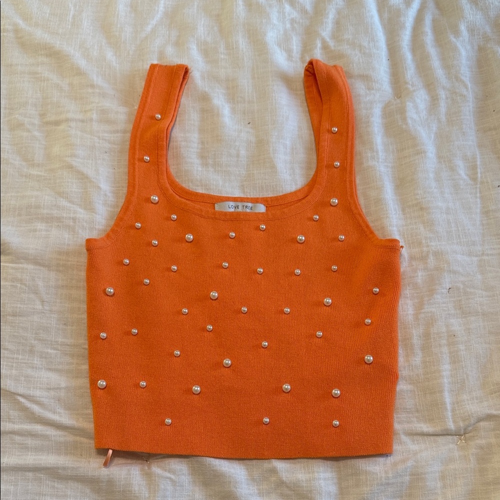Love Tree Orange Tank Top with Pearl Accents